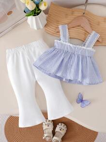 SHEIN 女婴 3D 蝴蝶结条纹吊带上衣和喇叭裤 2 件套。这款 3D 蝴蝶结和竖条纹吊带上衣修饰身材，让女婴无论日常穿着还是派对场合都能扮成小公主。