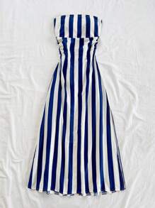 Soleia Women Tropical Island Vacation Halter Backless Tie Waist A-Line Long Dress, Green & White Stripe Print Summer Dresses For Women,Sun Dresses For Women - Blue and White - View 3