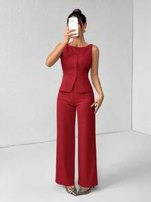 SHEIN PETITE 女士纯色圆领单排扣背心和裤子优雅通勤套装，夏秋季女装女套装办公室装商务休闲女两件套秋季女装办公室装女套装女式西装套装 - 紅色 - 查看 5