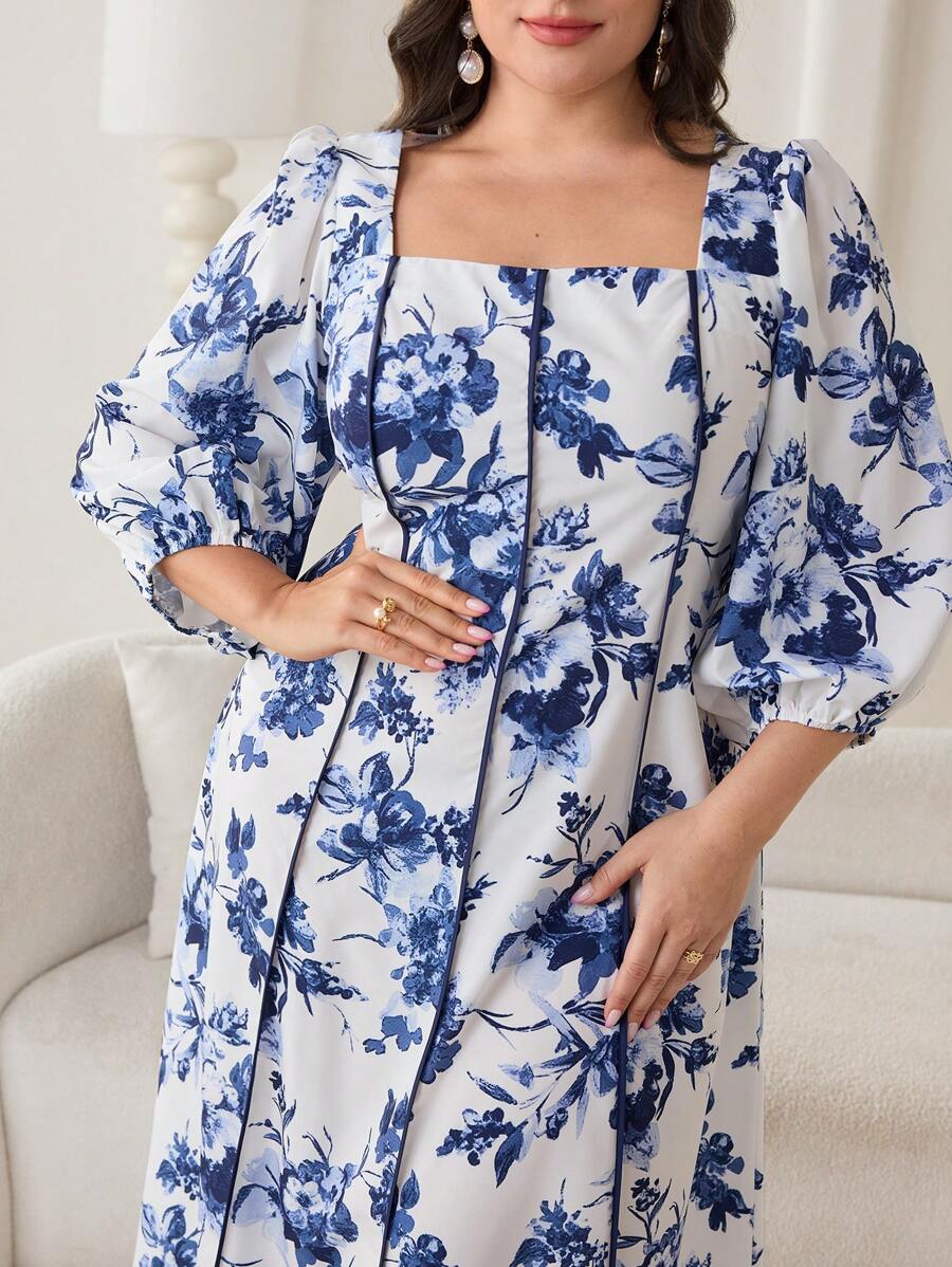 Modelyn Plus Size Elegant Floral All Over Print Lantern Sleeve Dress - Multicolor - View 1