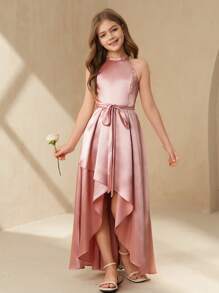 SHEIN Tween Girls Solid Color Asymmetric Hem Knotted Waist Elegant Party Dress