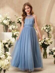 SHEIN 优雅花朵图案少女派对礼服，适合婚礼、舞会、毕业典礼 | 万圣节蓝色网纱露背中长连衣裙，适合少女 | 时尚薄纱蓬蓬公主裙，适合女孩返校季 - 淺灰色 - 查看 8