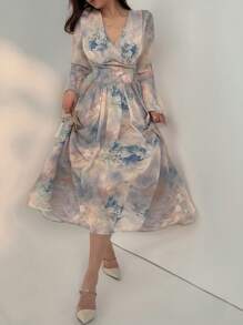 DAZY New Elegant Tie Dye Cinched Waist Women's Mid-Length Dress, Suitable For Music Festivals In Fall Long Sleeve Dress - Multicolor - View 5