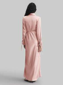 Ontre 2025 新款女装秋季 V 领长袖收腰中长连衣裙，休闲通勤商务连衣裙，海滩度假毕业办公室休闲连衣裙 - 粉色 - 查看 4