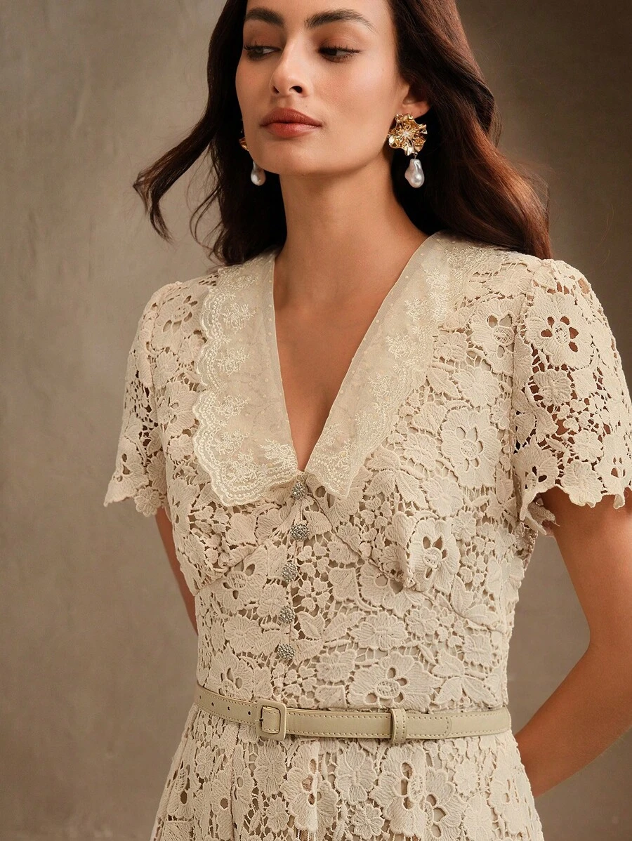 Anewsta Women's V-Neck Cinched Waist Elegant Fitted Lace Midi Dress - Apricot - View 1