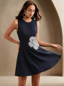 Anewsta 春季、夏季、优雅、商务休闲、假日、节日、约会之夜、毕业女士梭织社交名媛重工工艺烫印立体花朵优雅无袖黑色连体裤夏季、节日、毕业装