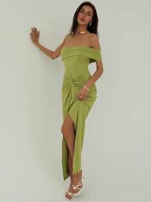Aloruh Elegant Off Shoulder Twisted Waist Decor High Slit Bodycon Dress - Olive Green - View 5