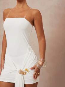 SHEIN x Lina Lumalex Women's White Summer 70s Party Vacation Holiday Halter Crochet Look Bodycon Mini Dress,Satin Asymmetrical Starfish,Shell & Metal Decor Beach Swimwear - White - View 6