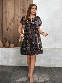 SHEIN LUNE 大码女式复古花卉印花 V 领蝙蝠袖休闲连衣裙度假装女士夏季服装 - 彩色 - 查看 6