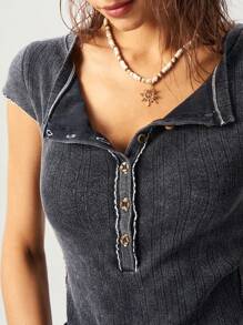 Bohemela Women's Fitted Washed Denim V-Neck Short Sleeve Top, Casual Knit Fabric, Summer Easter