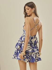 L'Amorae 女士印花热带花卉度假可爱分层连衣裙