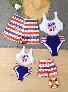 Men's Blue & Red Striped Star Print Pattern Comfortable Short Beach Shorts, Random Print - Blue - View 1