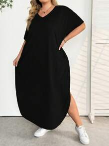 SHEIN CURVE+ Vestido largo con diseño de bolsillo y abertura, casual y adecuado para uso diario, nuevo para primavera/verano para mujeres de talla grande - Negro - Ver 6