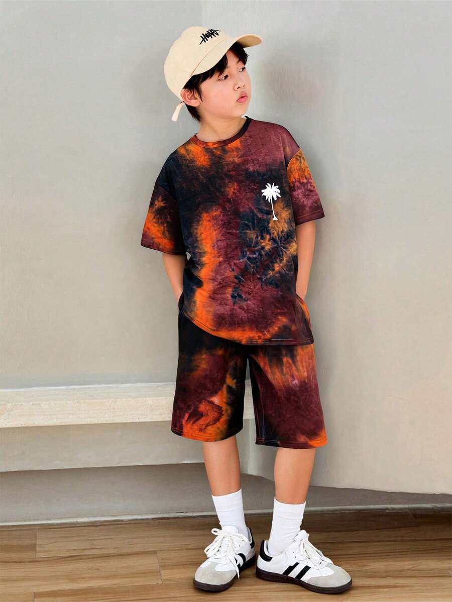SHEIN 男童扎染短袖T恤和短裤套装 - 橘色 - 查看 1
