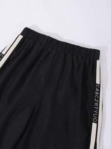 SHEIN Casuvi Kids 休闲运动风字母织带设计开衩拼接直筒裤，适合青少年男孩，秋冬季时尚有型 - 黑色 - 查看 5