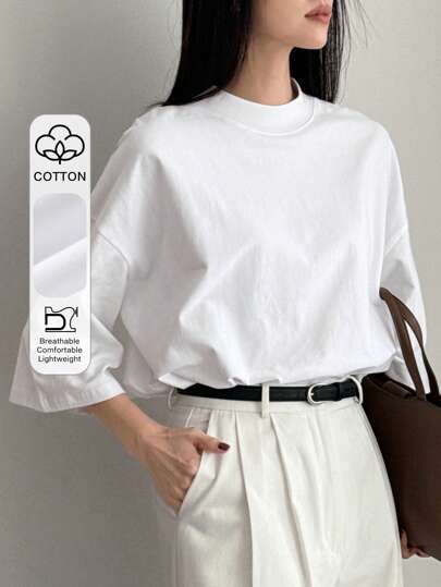 Dazy-Less Camiseta de manga corta holgada y casual, de estilo minimalista liso, para mujer, con estilo de "Old Money", de negocios casuales, camiseta holgada para mujer, tops de estilo preppy