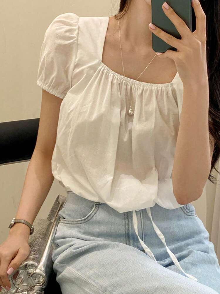 Casual Square Collar Drawstring Hem Women Shirt Summer Babydoll Top