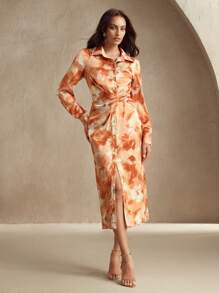 Anewsta Elegant Tie Dye Print & Metallic Twist Waist Woven Floral Dress, Women Spring Outfits For Festival, Casual, Vacation, Holiday, Date Night, Easter - Orange - View 3