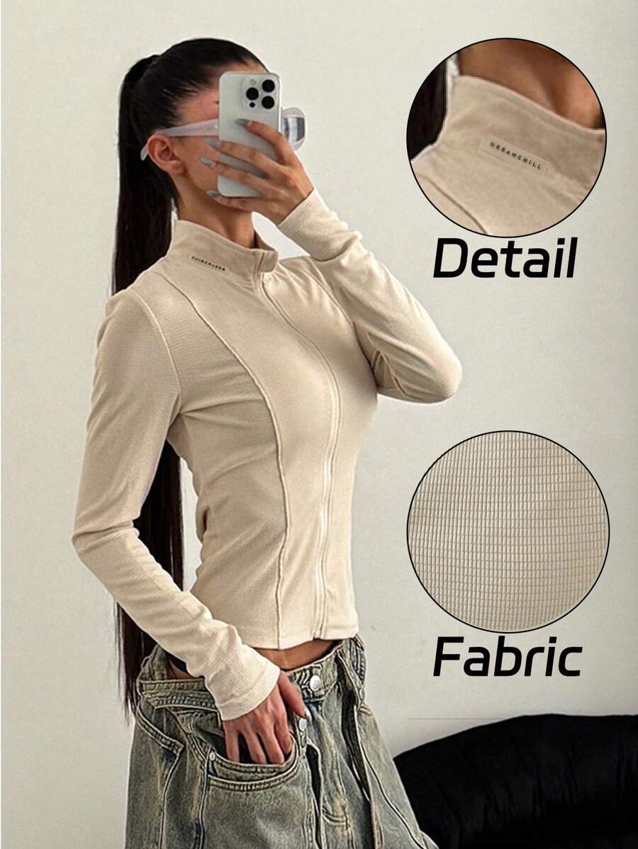 StreetHx Women's New Long Sleeve Zipper Outerwear Jacket, Slim Fit, Sporty Style, Suitable For Yoga, Casual Wear - Apricot - View 1