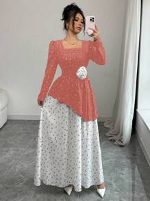 Chiquease Women Square Neck Black & White Ditsy Floral Colorblock Elastic Waist Long Dress, Spring & Autumn Fall Cloth For Women - Orange - View 6