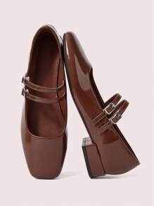 CUCCOO DOLLMOD CUCCOO Fashionable Silver Metallic Mary Jane Chunky Heeled Flats - Mocha Brown - View 9