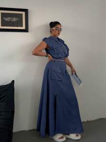 POPSWAY 2pcs/Set Sleeveless Zip-Up Crop Top & Slit Hem Skirt - Navy Blue - View 3