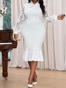 SHEIN Lady 白色领口吊带蕾丝连衣裙修身鱼尾优雅长袖大码连衣裙情人节新年 - 白色 - 查看 6