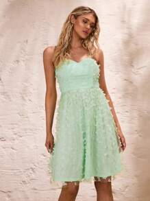 Glamine Rochie elegantă pentru femei, cu bretele spaghete, model fluture 3D, din plasă, rochie de petrecere, rochie de bal - Menta verde - Vizualizare 3