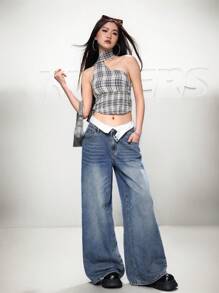 SHEIN MOD Pantalones anchos de 2 en 1 de patchwork de mezclilla azul para mujer - Azul lavado medio - Ver 3