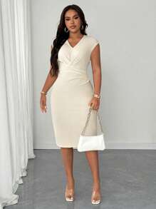 SHEIN Unity Plus Size Women Elegant Bodycon V-Neck Sleeveless Mini Dress - Apricot - View 3