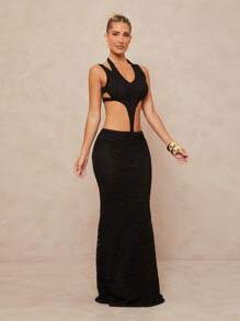 Lumalex Outing Swimsuit Swimwear Swim Cover-Up Bikini Set Fairycore Summer Swimsuit Swimwear Swim Vacation Elegant Easter Bohemian BOHO Sea Beach Hot Outdoor Richly Layered Wedding Season Banquet Coming Of Age Ceremony Beach Seaside Women's Low Cut Backless Textured Sheer Floral Dress - Black - View 5