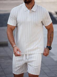 Manfinity CasualCool Men's Striped Short Sleeve Polo Shirt And Drawstring Waist Shorts Set, Men Two Pieces Sets - Coffee Brown - View 4