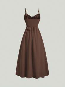 Sweetra 纯色高开叉休闲度假细肩带中长连衣裙女装 - 咖啡 - 查看 2