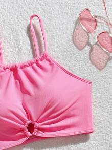 SHEIN Conjunto de traje de baño de color rosa sólido, con diseño sencillo y dulce para niña adolescente - Rosa - Ver 5