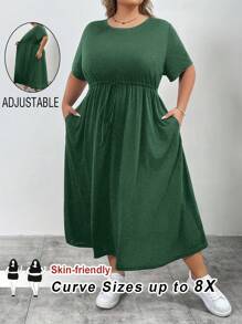 SHEIN CURVE+ Vestido holgado de manga larga negro con cinturón y bolsillos, estilo casual de verano para mujer de talla grande
