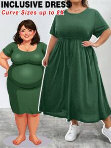 SHEIN CURVE+ Vestido holgado de manga larga negro con cinturón y bolsillos, estilo casual de verano para mujer de talla grande
