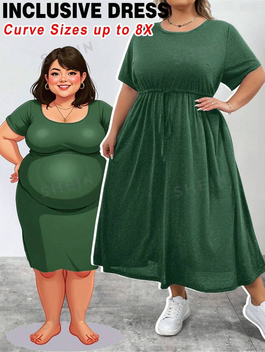 SHEIN CURVE+ Vestido holgado de manga larga negro con cinturón y bolsillos, estilo casual de verano para mujer de talla grande