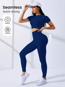 SHEIN Core Rhythm High Elastic Seamless Women Solid Color Short Sleeve T-Shirt And Leggings Sportswear Set Workout Clothes Women Women S Athletic Sets Women Clothing Exercise Women S Clothes Workout Pants Women - Navy Blue - View 2