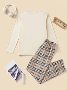 2件套牛奶丝图案印花套头长袖和裤子舒适睡衣，适合青少年男孩 - 黃色 - 查看 2