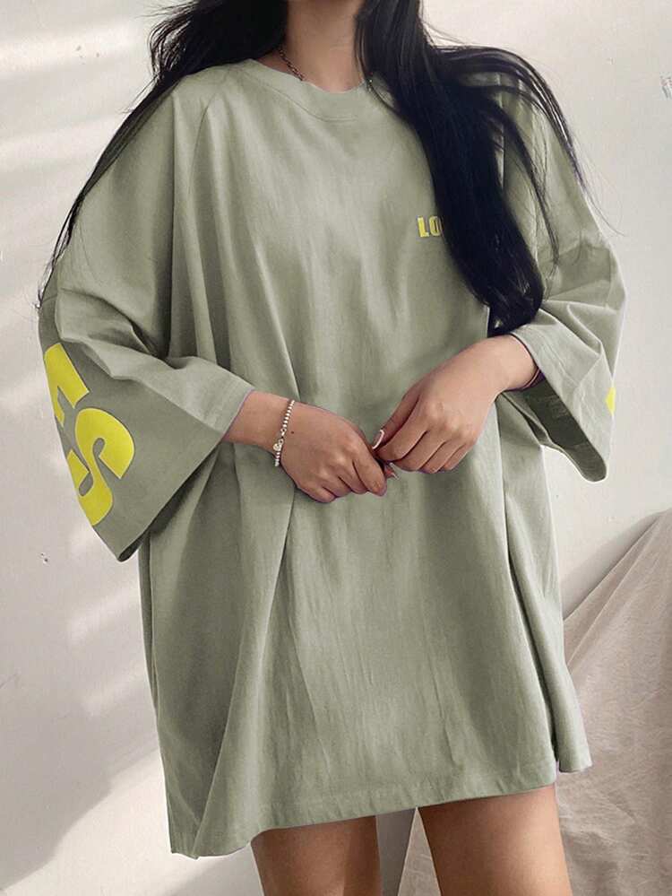 Women's Summer Letter Print Round Neck Loose Casual T-Shirt With Drop Shoulder Sleeve Oversized T-Shirt Long Sleeve