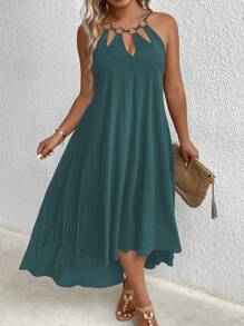 SHEIN Clasi Plus Size Solid Color Hollow Circle Accent Spaghetti Strap Sleeveless Dress Maxi Women Outfit - Teal Blue - View 1
