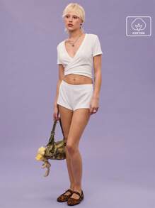 COUREZ Pantalones cortos blancos de micropunto para verano - Conjuntos de vestir para mujer/Y2K/Casual Vintage 100% algodón