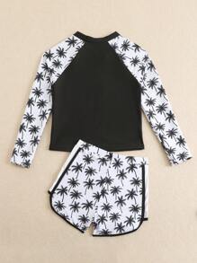 Tween Girls Coconut Tree Print Long Sleeve & Shorts Bikini Set, Beach Holiday Swimwear, Rash Guard Long Sleeve Bathing Suit Kids Two Pieces Bathing Suit For Kids - Multicolor - View 2