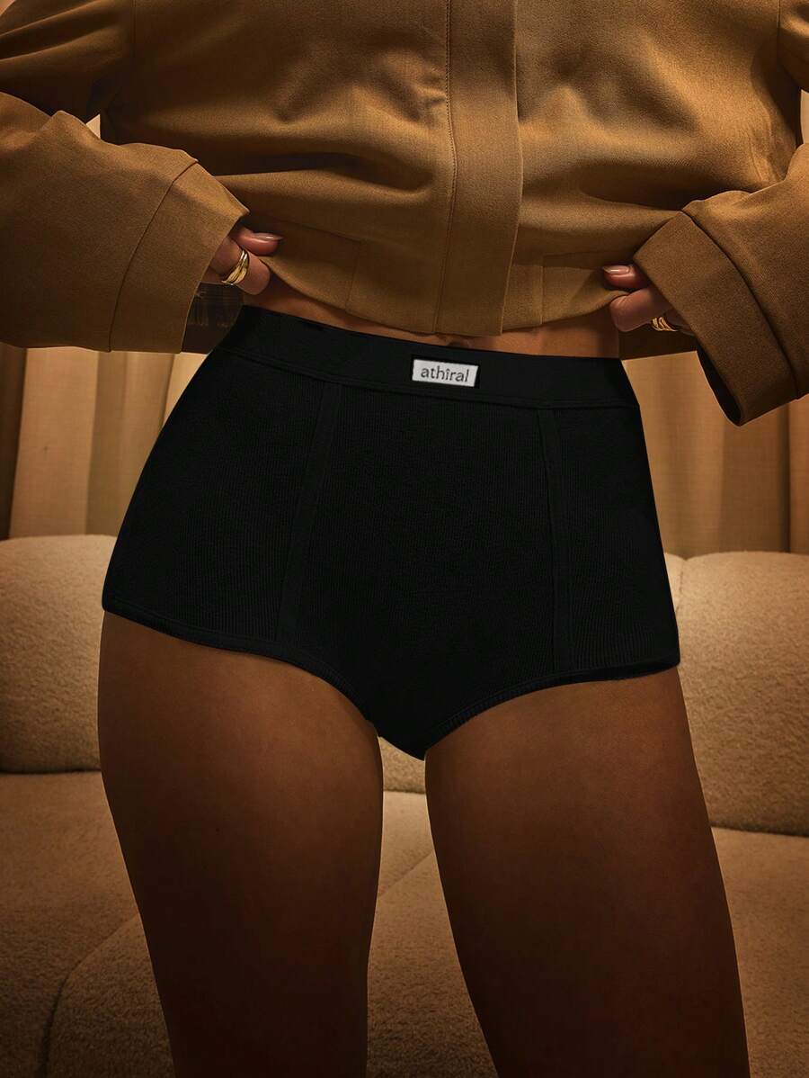 Athîral Women's Letter Printed Casual Skinny Shorts Winter Clothes - Black - View 1