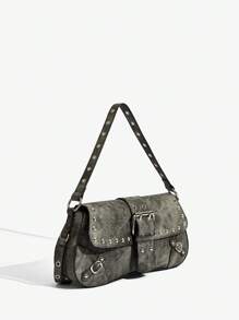SHEIN SXY 女士、女式单肩包、流浪包、时尚、个性化、多功能、酷炫、街头、铆钉、流苏、青少年、Y2K 包、哥特朋克女包、2000 年代时尚风格女包 - 灰色 - 查看 3