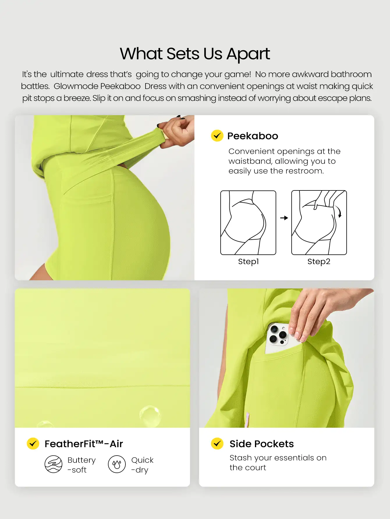 FeatherFit™-Air Peekaboo Mini Dress With Built-In Shorts Pocket Square Neck Anti-Slip Crisscross Light Support Low Impact Quick Dry Moisture Wicking Spring Summer