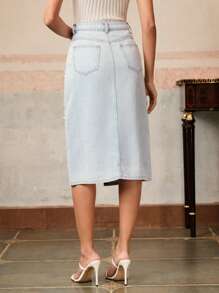 Anewsta Embellished Fitted Denim Skirt For Women, Spring/Summer - Blue - View 2