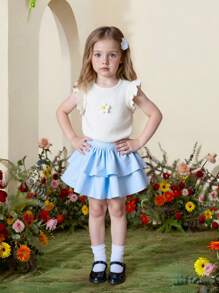 2 peças/Conjunto Regata com Estampa Floral e Saia Tule com Pompom para Meninas, Conjunto de Verão