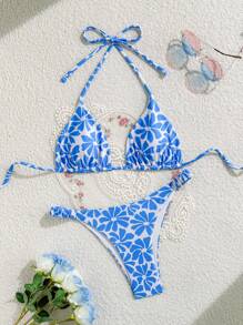 SHEIN Swim Women Random Flower Print Swimsuit Set, Vacation Beach For Summer - Blue and White - View 1