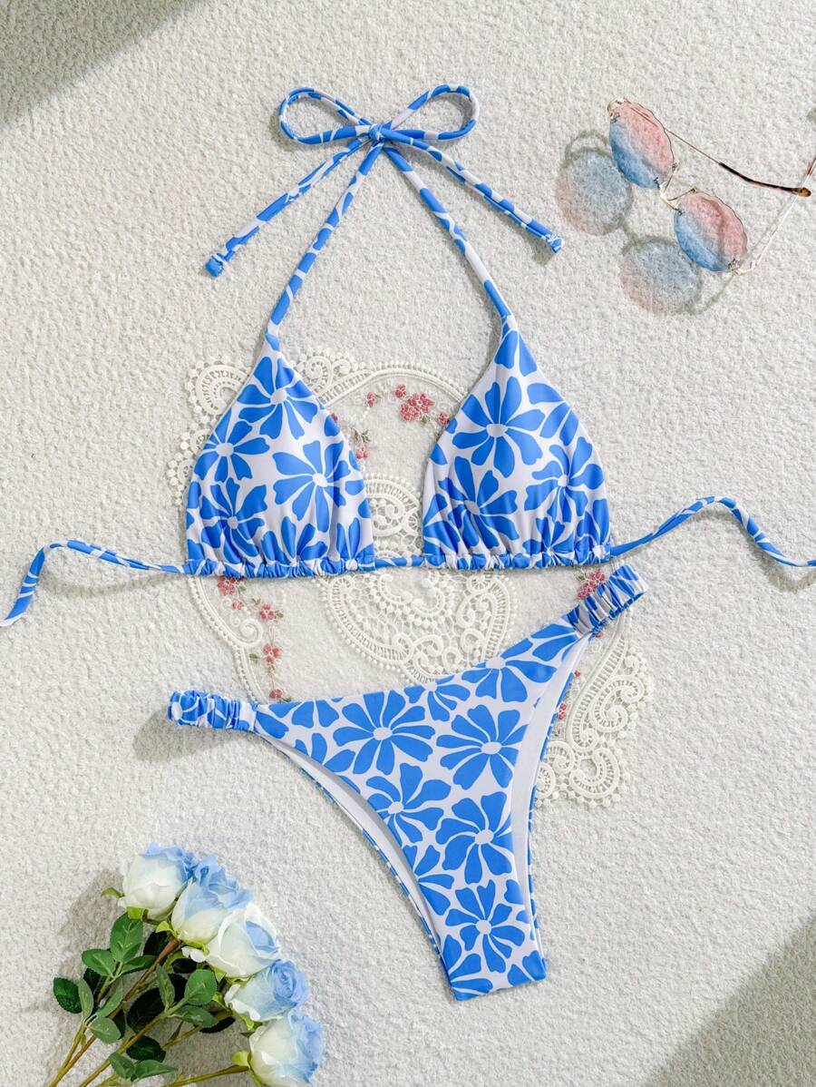 SHEIN Swim Women Random Flower Print Swimsuit Set, Vacation Beach For Summer - Blue and White - View 1